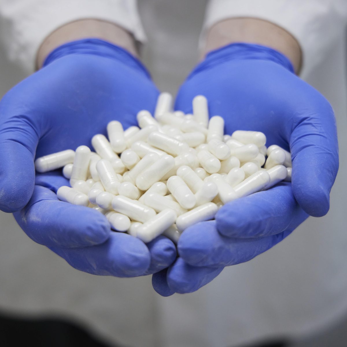 Person wearing blue gloves holding lots of white capsule supplements